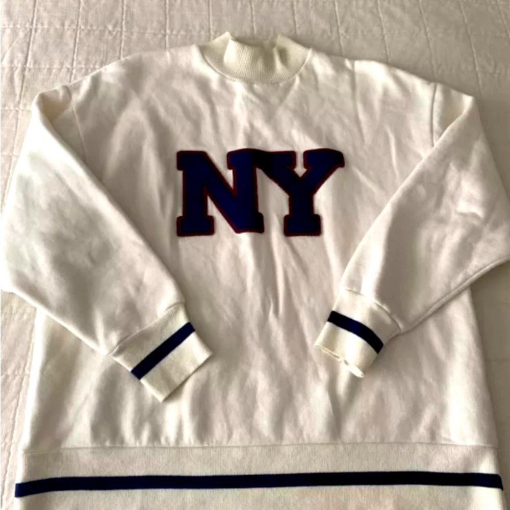 ZARA NY New York Sweatshirt Cream Navy Crewneck Long Sleeve Size Small